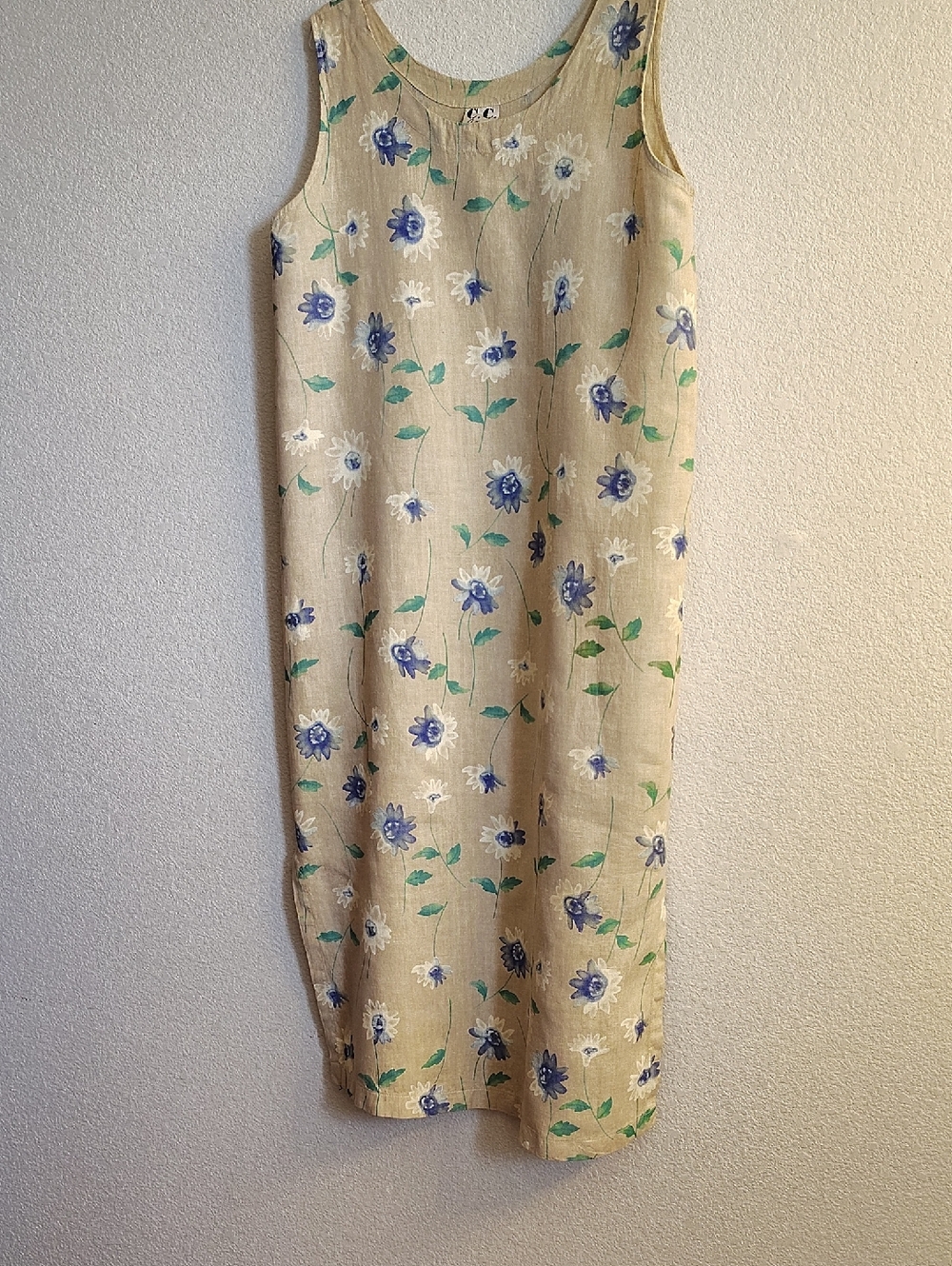 Sleeveless Women's Size XL Beige Floral Linen Dress Blue Flowers